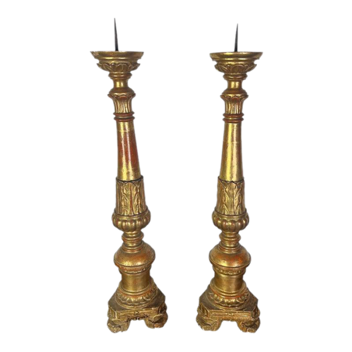 pair of 19th century italian gilt wood candlesticks w prickets 1400