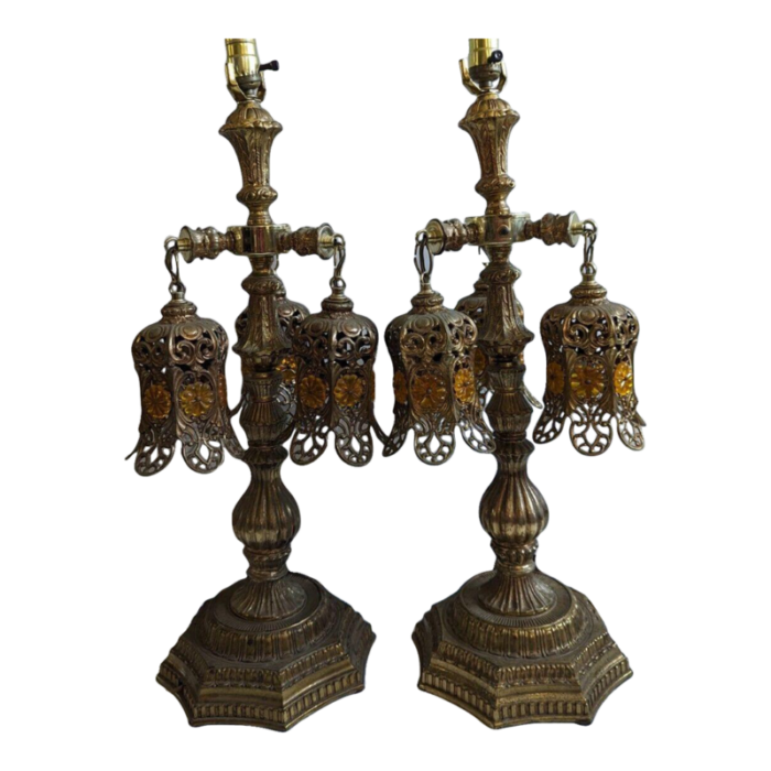 pair of early 20th century wmc landl loevsky and loevsky hollywood regency table lamps with 3 swag arms 9561