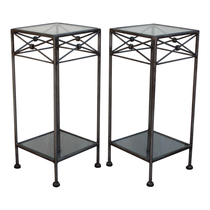 pair of late 20th century pedestal two tiered metal tables 7189