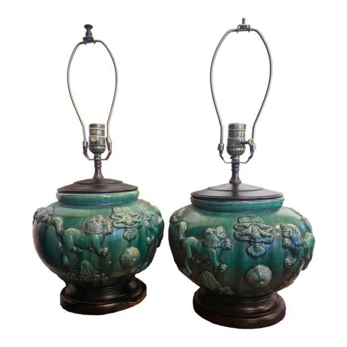 pair of mid 20th century green glazed ceramic lamps 6062