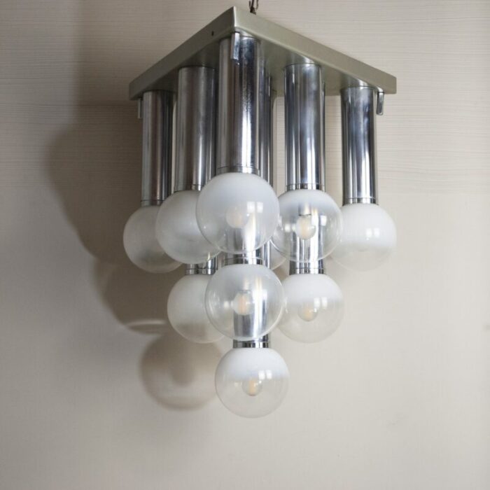 pendant chandelier with lights in satin glass italy 1970s 11