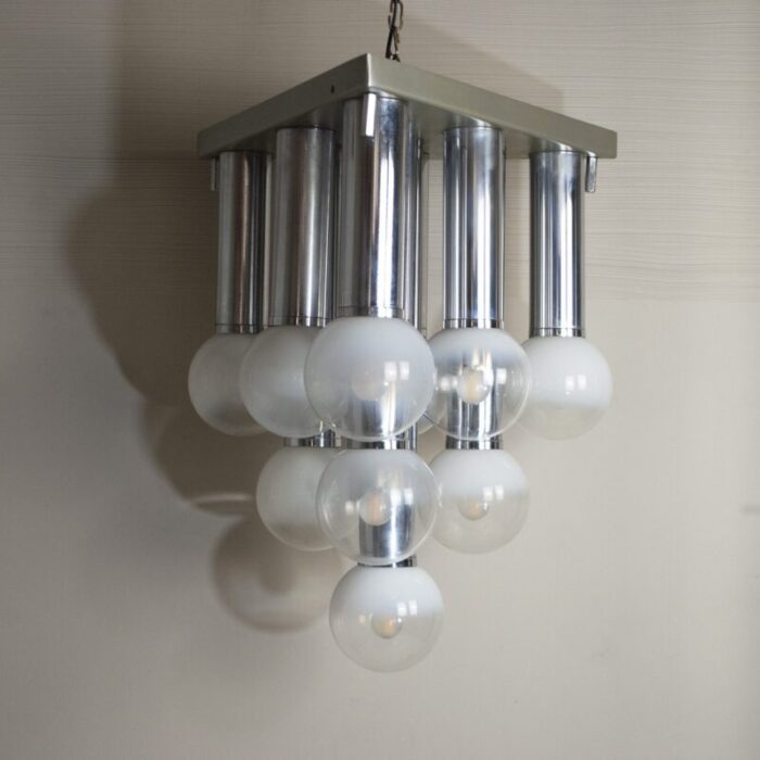 pendant chandelier with lights in satin glass italy 1970s 12