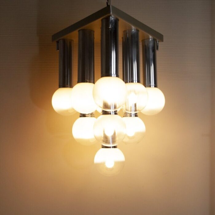 pendant chandelier with lights in satin glass italy 1970s 13