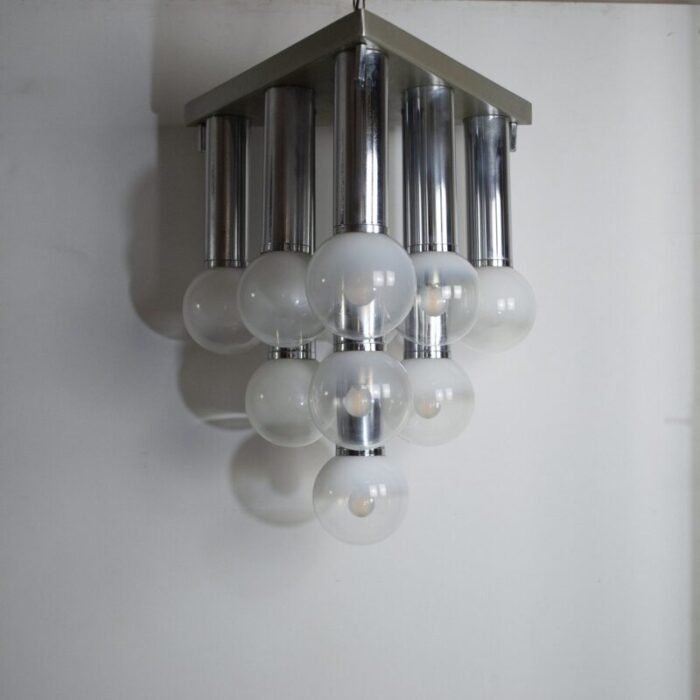 pendant chandelier with lights in satin glass italy 1970s 9