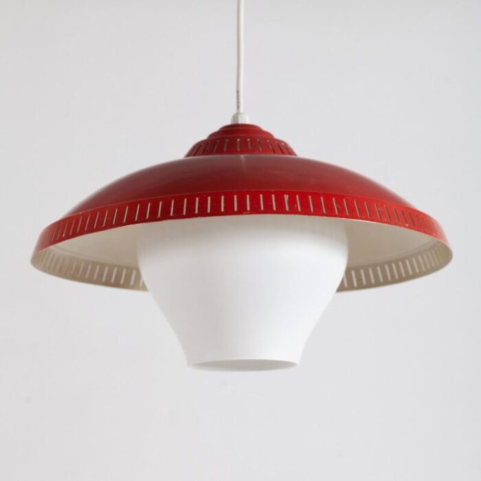 pendant lamp in red and white milk glass 1950s 1