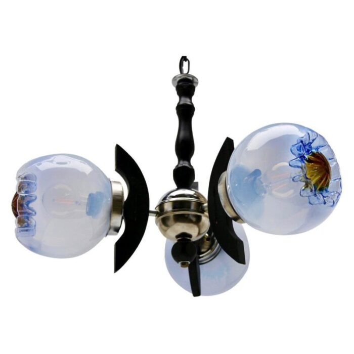 pendant with 3 globes of clear glass with orange and blue inclusions from mazzega 1