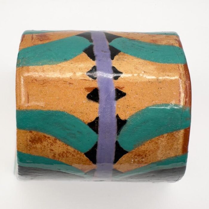 post modern art trinket stash box hand painted ceramic with lid colorful design 1988 artist signed mj 7574