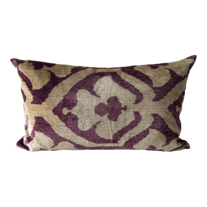 printed velvet pillow in beige and purple 7330