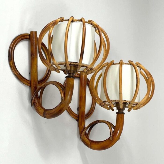 rattan and bamboo sconces by louis sognot france 1950s set of 2 1359