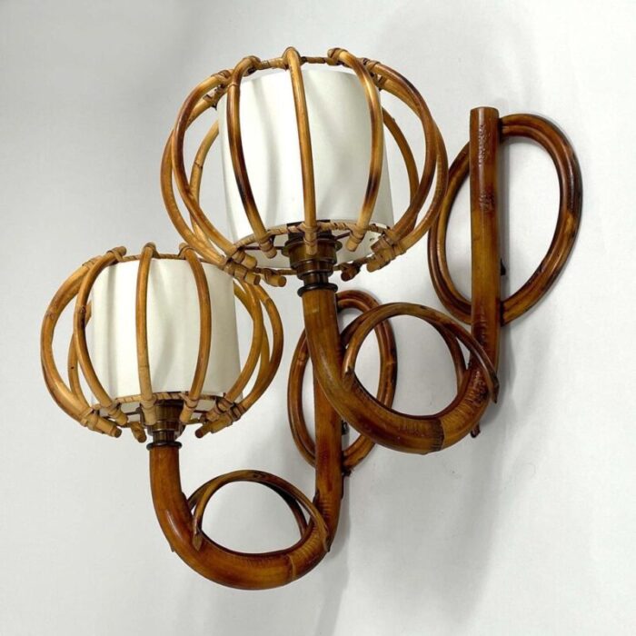 rattan and bamboo sconces by louis sognot france 1950s set of 2 2060