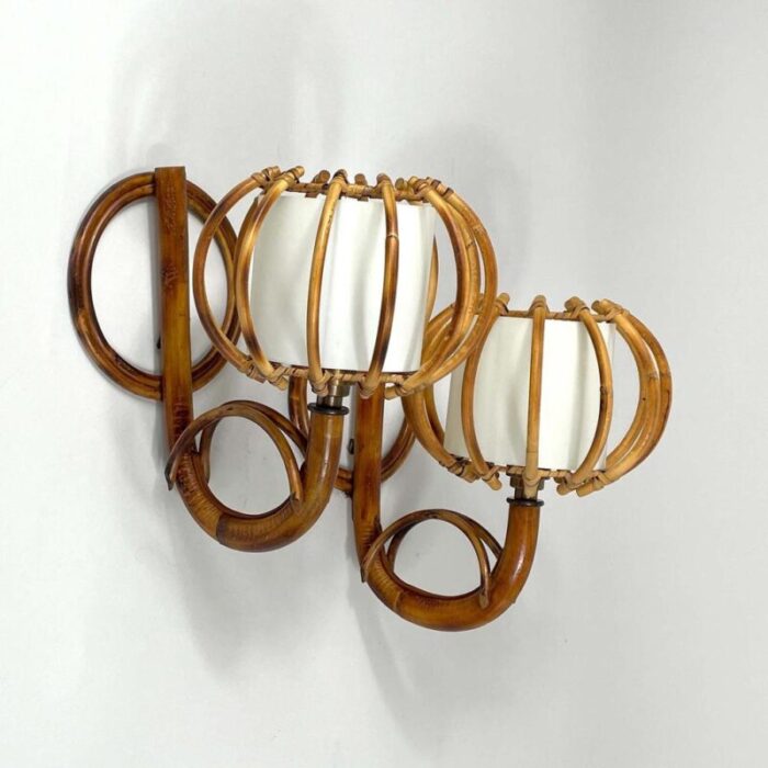 rattan and bamboo sconces by louis sognot france 1950s set of 2 2685