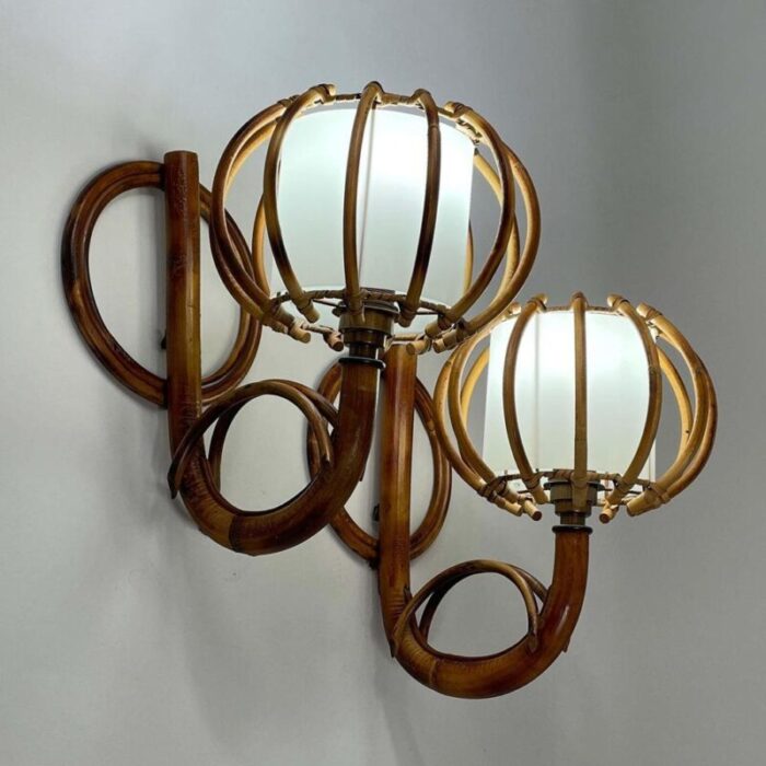 rattan and bamboo sconces by louis sognot france 1950s set of 2 2737