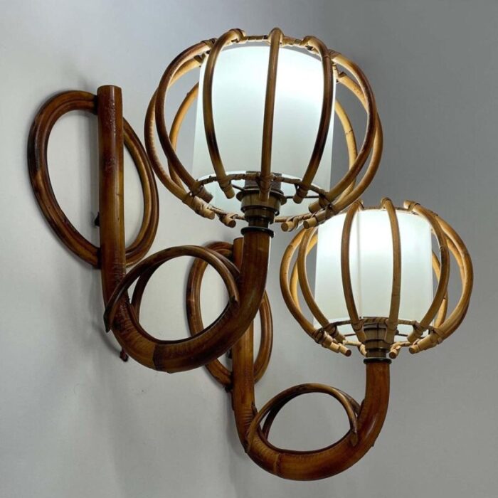 rattan and bamboo sconces by louis sognot france 1950s set of 2 3014