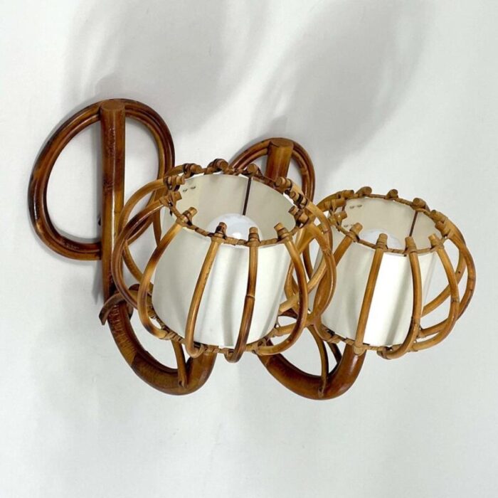 rattan and bamboo sconces by louis sognot france 1950s set of 2 5623