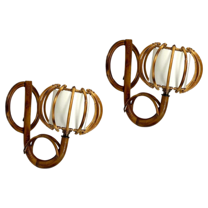 rattan and bamboo sconces by louis sognot france 1950s set of 2 9049