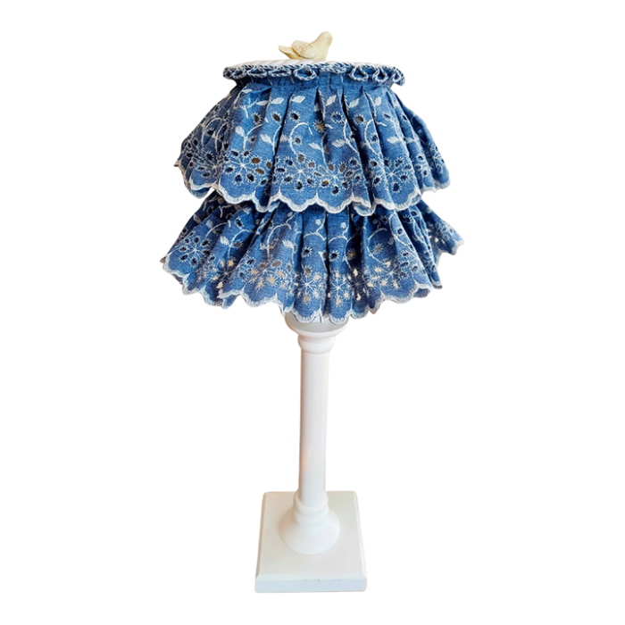 ruffled denim eyelet lace table lamp with dove finial 1321