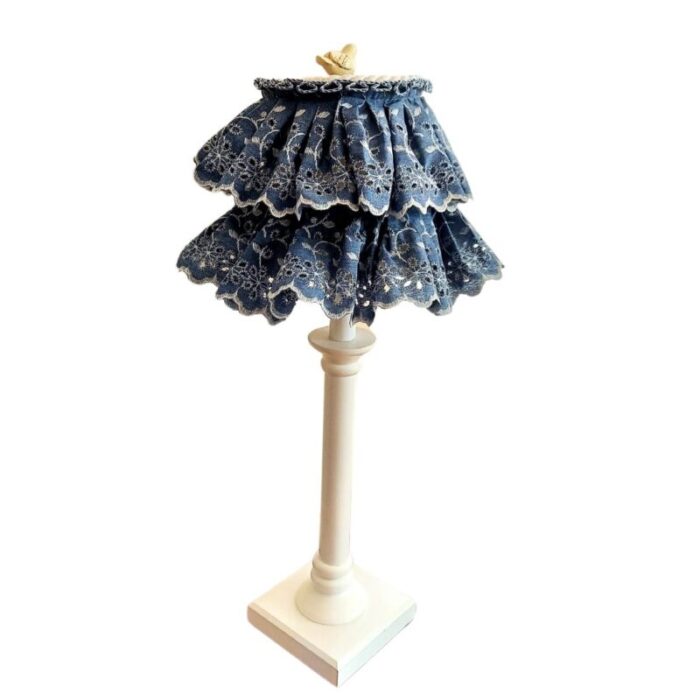 ruffled denim eyelet lace table lamp with dove finial 7363