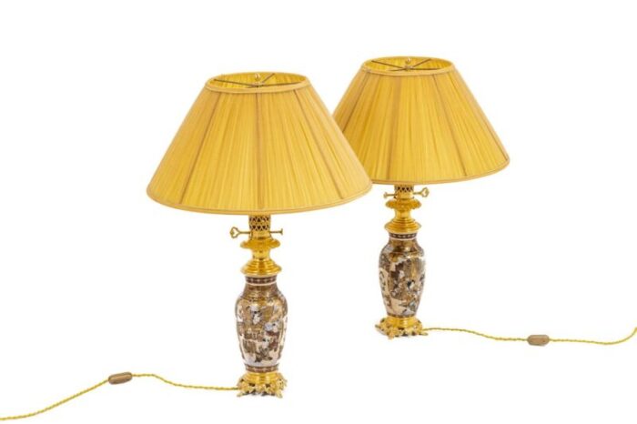 satsuma earthenware and gilt bronze lamps 1880s set of 2 1