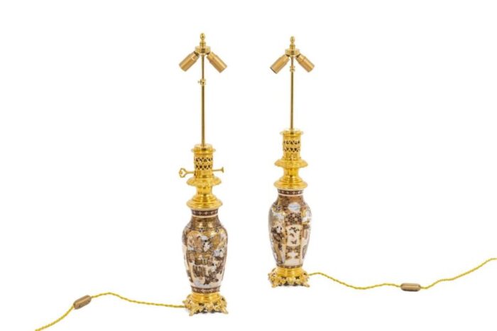 satsuma earthenware and gilt bronze lamps 1880s set of 2 2