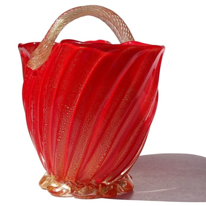 seguso murano 1950s coral red applied gold flecks rope italian art glass vintage flower basket vase 0347