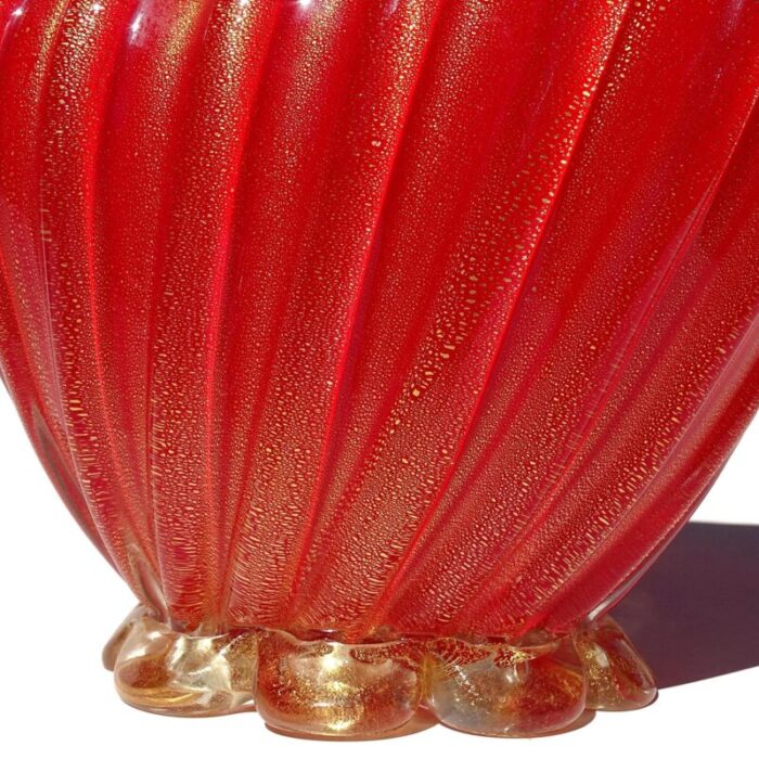 seguso murano 1950s coral red applied gold flecks rope italian art glass vintage flower basket vase 3899