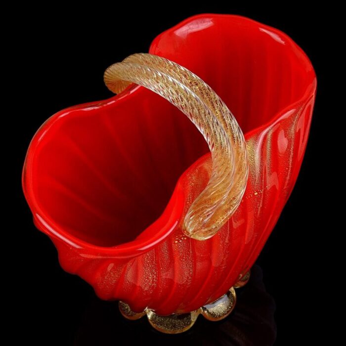 seguso murano 1950s coral red applied gold flecks rope italian art glass vintage flower basket vase 3914