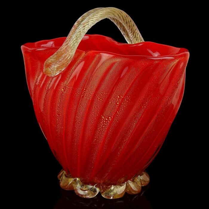 seguso murano 1950s coral red applied gold flecks rope italian art glass vintage flower basket vase 4810