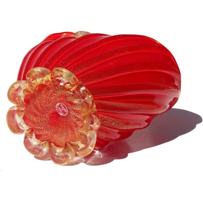 seguso murano 1950s coral red applied gold flecks rope italian art glass vintage flower basket vase 5313