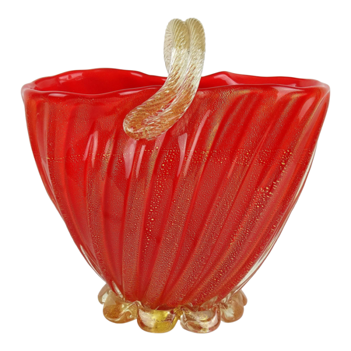 seguso murano 1950s coral red applied gold flecks rope italian art glass vintage flower basket vase 7939