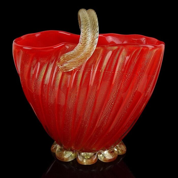 seguso murano 1950s coral red applied gold flecks rope italian art glass vintage flower basket vase 8120