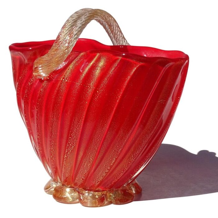 seguso murano 1950s coral red applied gold flecks rope italian art glass vintage flower basket vase 9748