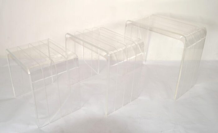 set 3 italian etched lucite waterfall nesting tables stacking tables stools 1970 0936