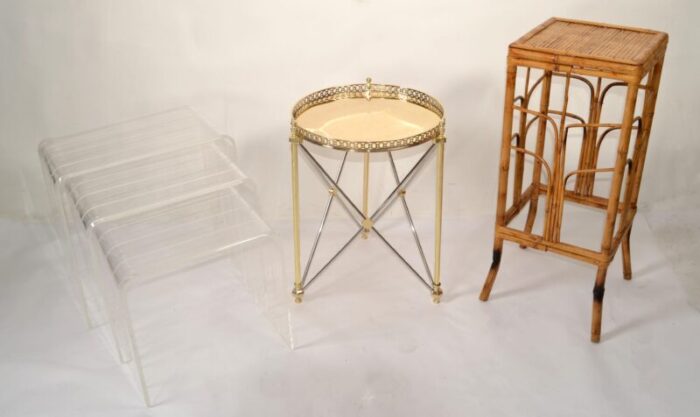 set 3 italian etched lucite waterfall nesting tables stacking tables stools 1970 2459