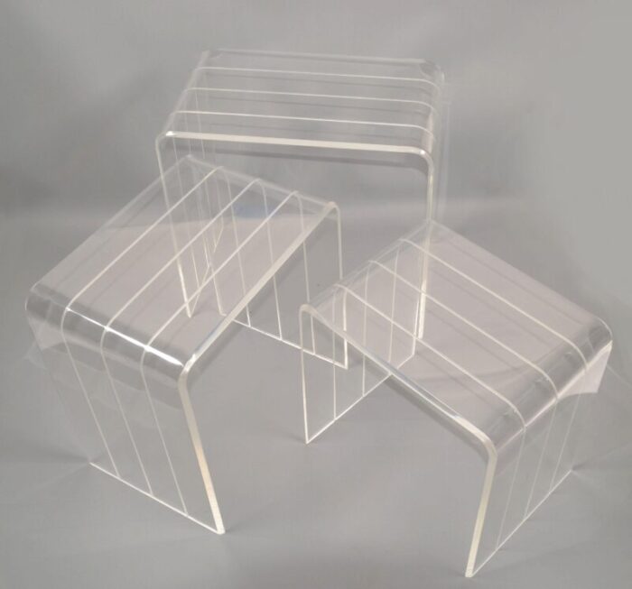 set 3 italian etched lucite waterfall nesting tables stacking tables stools 1970 3945