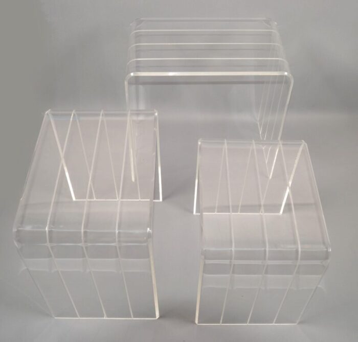 set 3 italian etched lucite waterfall nesting tables stacking tables stools 1970 4530