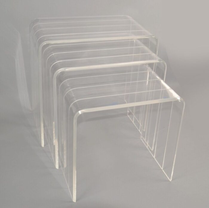 set 3 italian etched lucite waterfall nesting tables stacking tables stools 1970 6615