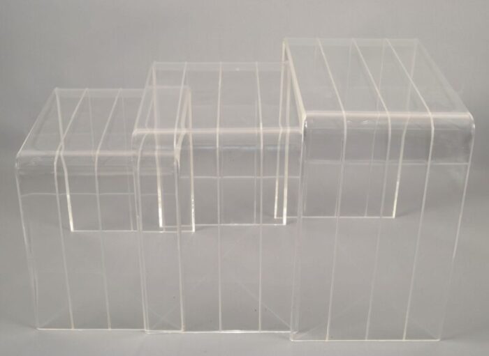 set 3 italian etched lucite waterfall nesting tables stacking tables stools 1970 6978