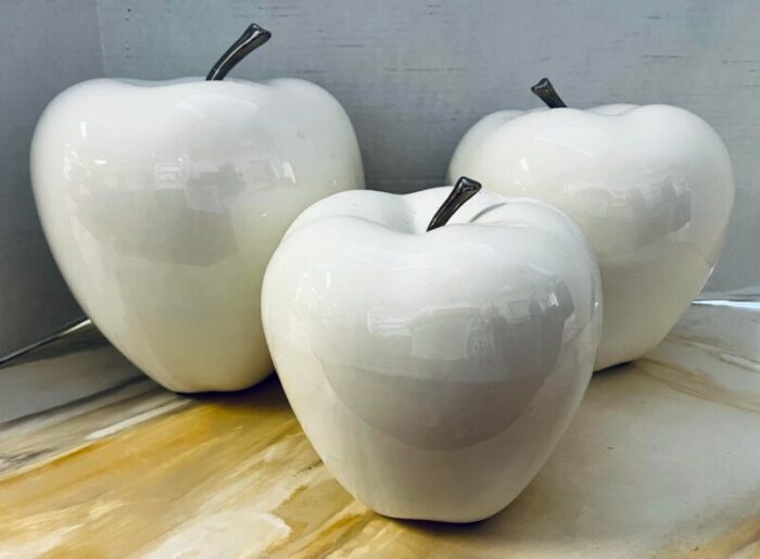 set of 3 white glazed ceramic porcelain apples 3981