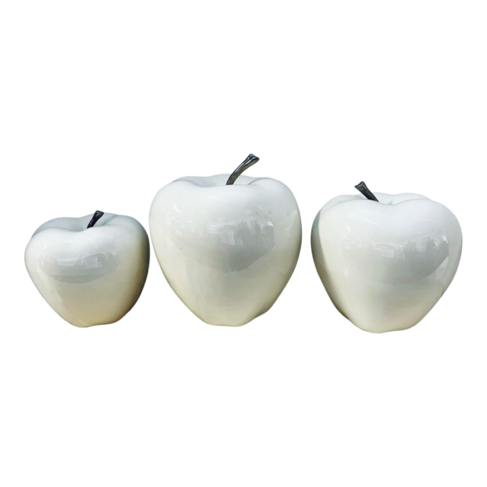 set of 3 white glazed ceramic porcelain apples 8284