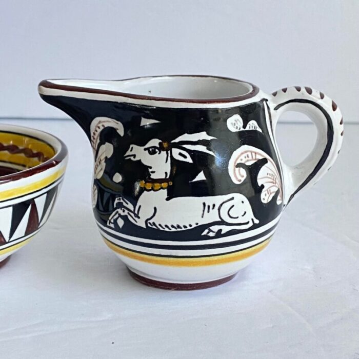 siena italy creamer and sugar bowl set italian deruta pottery sitting deer stag 2464