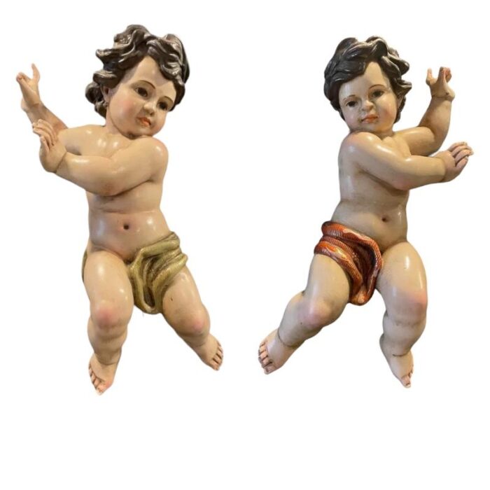 spanish artist cherubs polychrome carved wood 1800s set of 2 4474