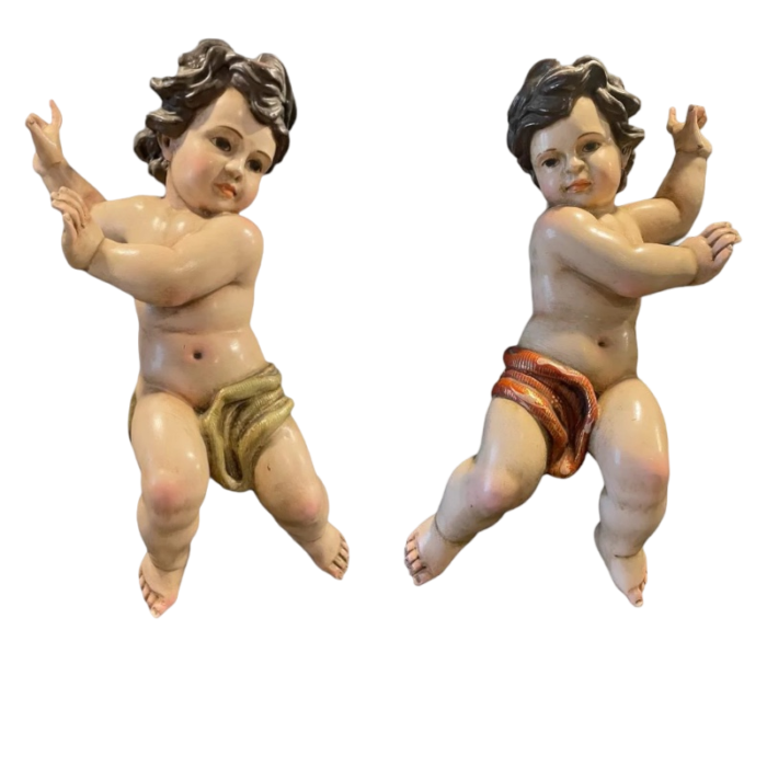 spanish artist cherubs polychrome carved wood 1800s set of 2 8589