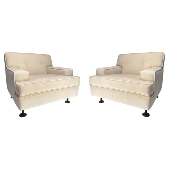 square white velvet chairs with teak feet attributed to marco zanuso for arflex italy 1962 set of 2 7559