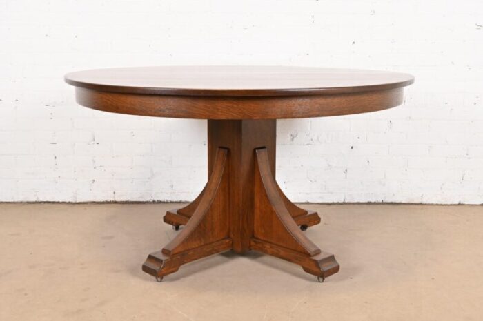 stickley brothers antique mission oak arts and crafts pedestal extension dining table newly restored 1411