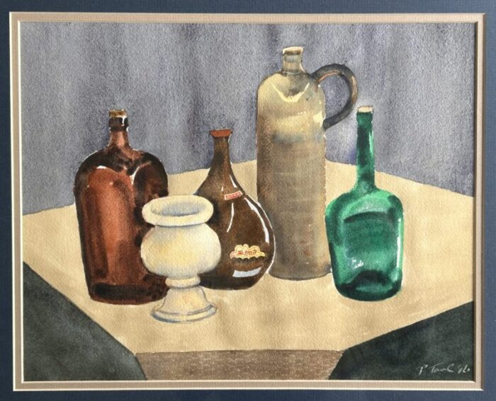 still life watercolor painting bottles and mortar 1634