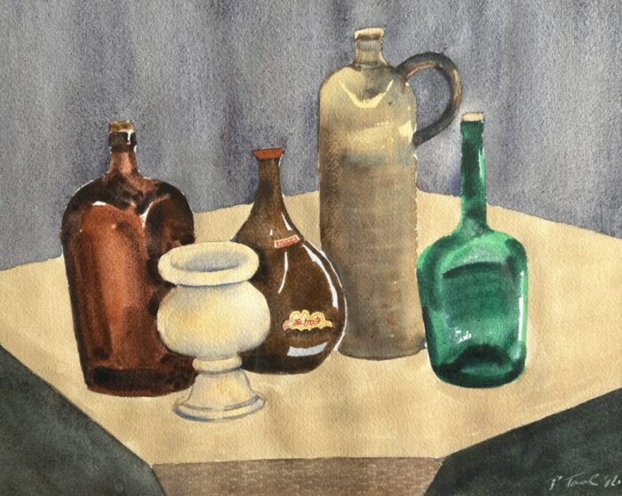 still life watercolor painting bottles and mortar 6479