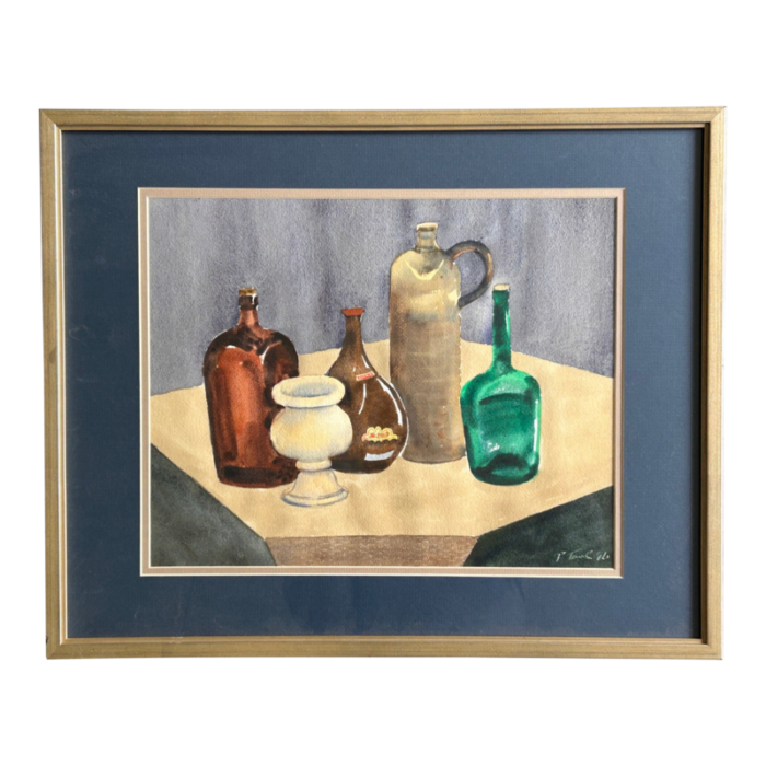 still life watercolor painting bottles and mortar 8316