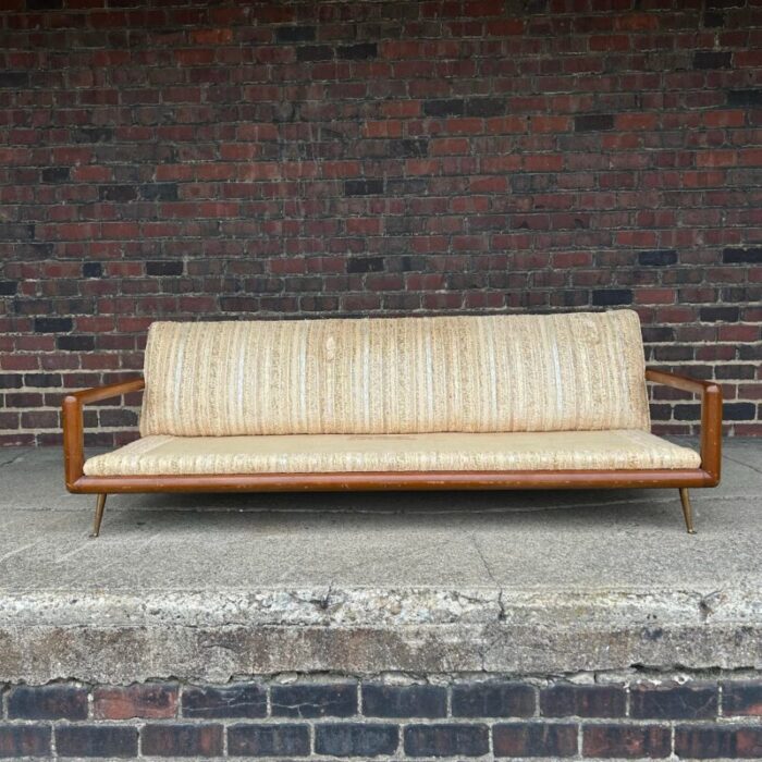 t h robsjohn gibbings style walnut framed sofa with brass legs 0601