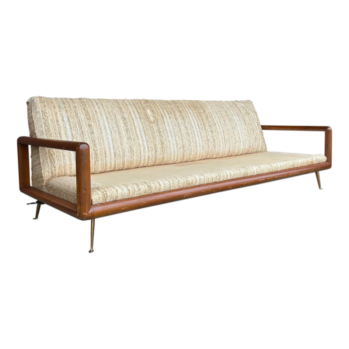 t h robsjohn gibbings style walnut framed sofa with brass legs 6785