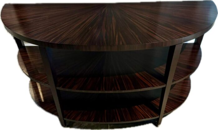 thayer coggins pair of half moon zebra wood matte lacquered console tables 8783